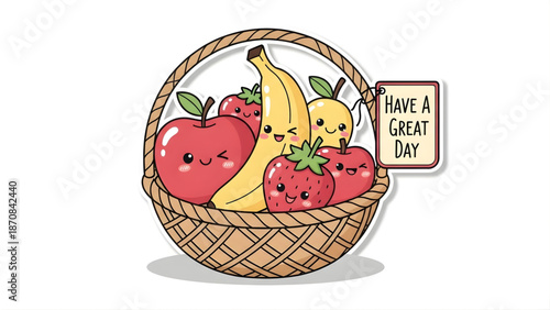 Cute Kawaii Fruits Basket with Happy Faces Saying Have a Great Day