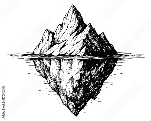 Hand drawn line art illustration of an iceberg depicting its hidden depth and reflection for conceptual design