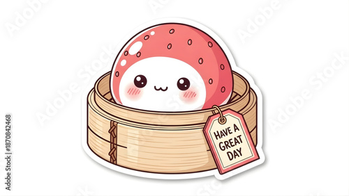 Charming little red dumpling character with a sweet smile, nestled happily in a classic bamboo steamer, spreading joy and positivity with its 'Have a Great Day' message