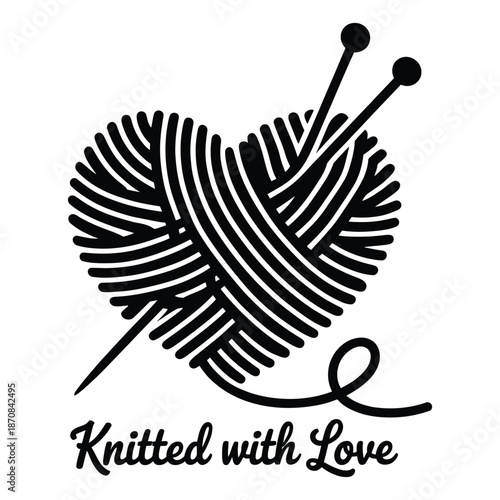 Knitted with love wool heart design featuring knitting needles and yarn for warm crafts projects and cozy handmade gifts inspiration