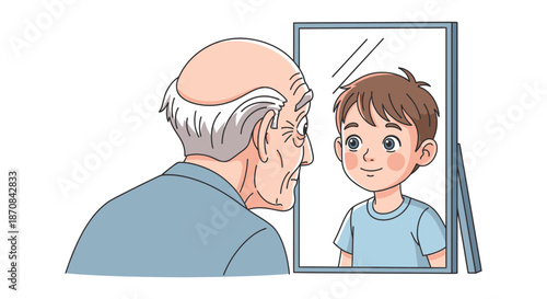 An elderly man looks at his younger self in a mirror silhouette