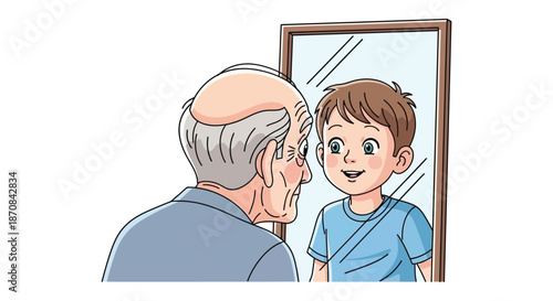 An old man looking at a young boy in a mirror a striking silhouette