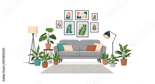 A cozy living room interior with plants artwork and furniture silhouette