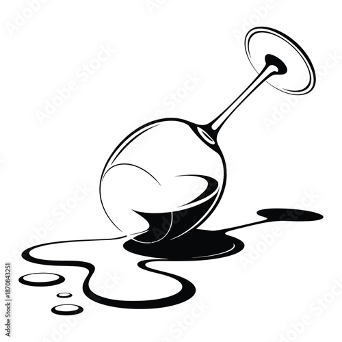 Overturned wine glass with spilled wine showing carelessness or accident in black and white graphic design vector illustration