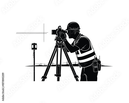 surveyor engineer with tripod mounted theodolite,  site engineer with tripod mounted theodolite vector silhouette illustration design, surveyor silhouette, surveyor engineer silhouette, site engineer 
