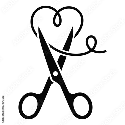 Scissors cutting heart shape from tangled cord creating symbol of breakup or painful end to relationship as abstract art
