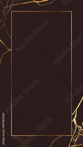 Dark brown marble background or chocolate stone with elegant gold veins and a thin golden rectangular frame for luxury social media stories or invitations
