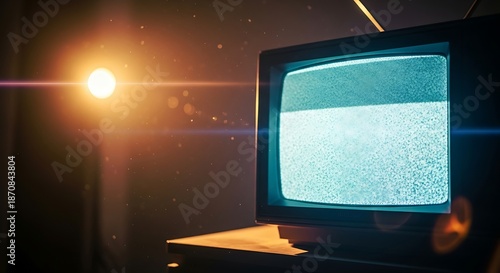 Retro television screen with static noise and bright lens flare