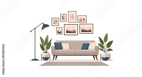 Warm and inviting living room interior with artwork and plants silhouette