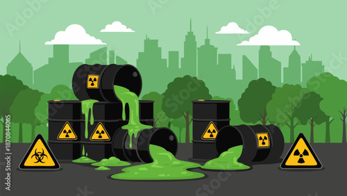 Environmental pollution hazard vector illustration of toxic waste spilling from barrels in a city landscape