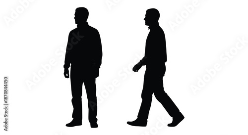 Two men facing each other one walking a striking black silhouette
