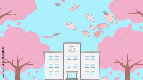 4月新学期の学校と桜の花びらが舞う春の背景動画