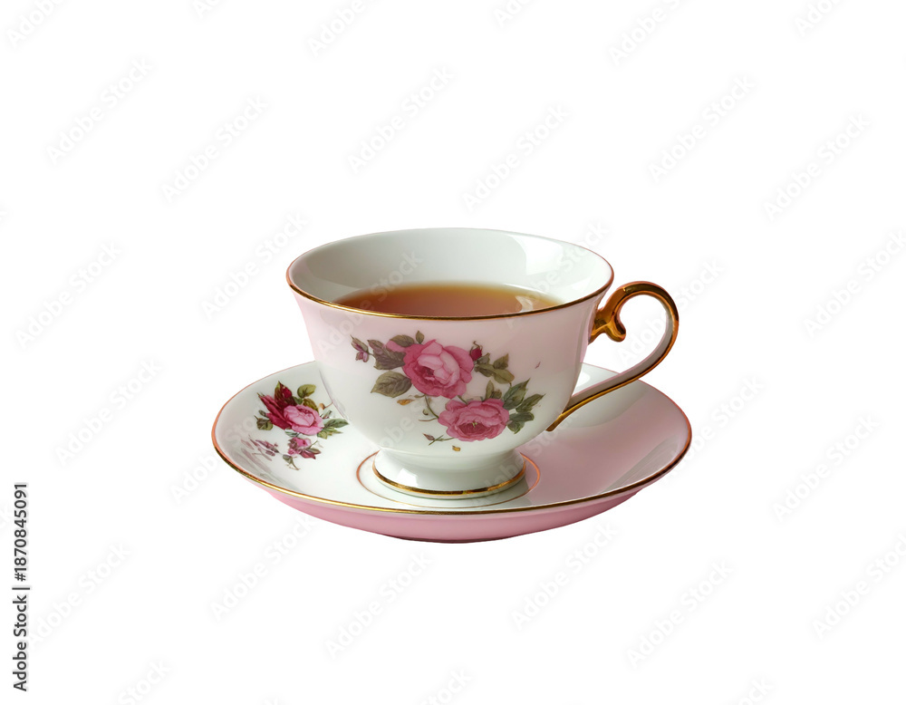 Fototapeta premium Delicate porcelain tea cup and saucer with pink roses