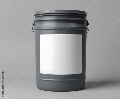 Dark gray plastic bucket with blank white label for product branding mockup. 5 gallon pail