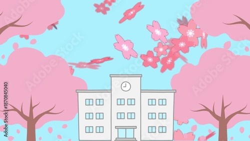 桜の木と学校の新学期風景パーティクル背景