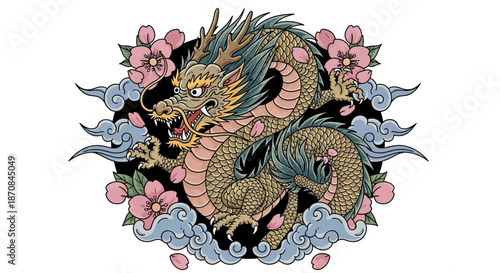 Traditional Japanese Irezumi Style Dragon Tattoo with Cherry Blossoms and Clouds