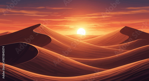 Serene Desert Sunset with Rolling Sand Dunes and Vibrant Sky Showing Nature's Tranquility and
