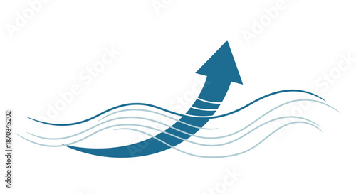 Abstract arrow emerging from water waves symbolizing growth and progress in a minimalistic style