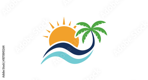 Sunset over tropical beach with palm tree waves and vibrant sky