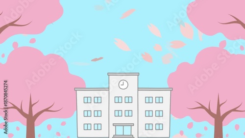 春の学校風景 桜の花びらパーティクル動画