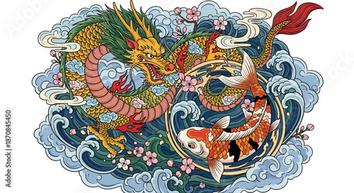 Intricate Chinese Dragon and Koi Fish Illustration Featuring Traditional Mythical Elements