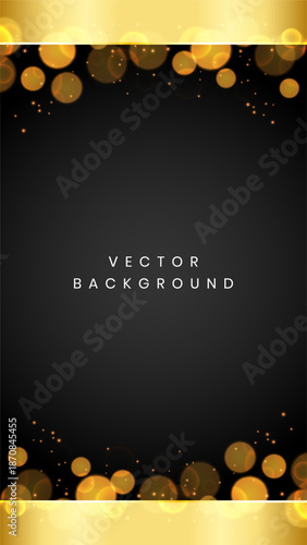 Luxury black background or dark surface with golden bokeh lights and elegant gold frame borders in vertical layout for premium event invitations or social media