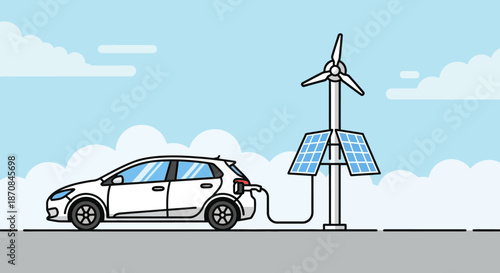 illustration of a modern electric vehicle charging at a renewable energy wind and solar power