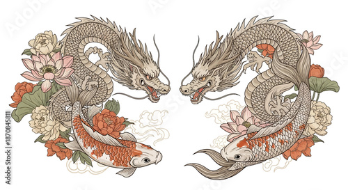 traditional Japanese-style dragons and koi fish illustration with floral accents and pastel colors