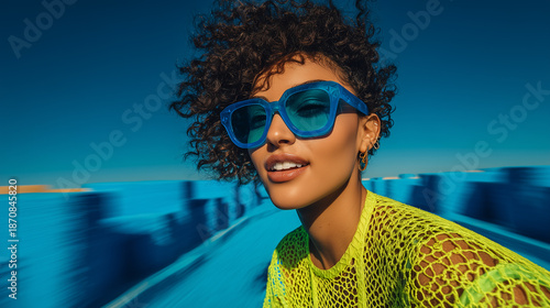 Wallpaper Mural Stylish portrait of woman wearing blue sunglasses on dynamic background with motion blur and vibrant fashion
 Torontodigital.ca
