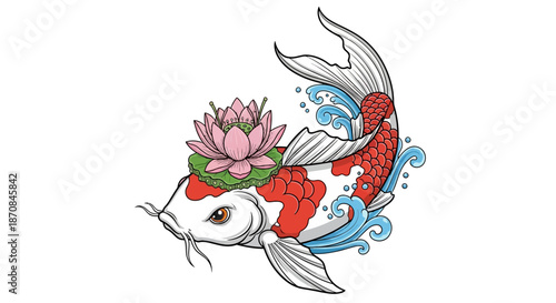 Elegant koi fish with blooming lotus flower representing harmony and tranquility in traditional art