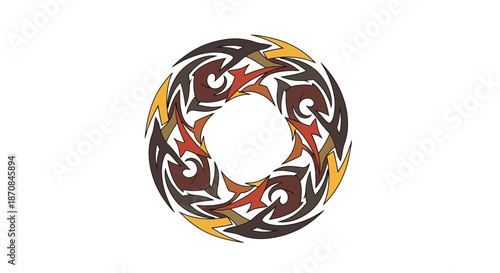 Intricate tribal circular design with dynamic swirling patterns and earthy tones for artistic