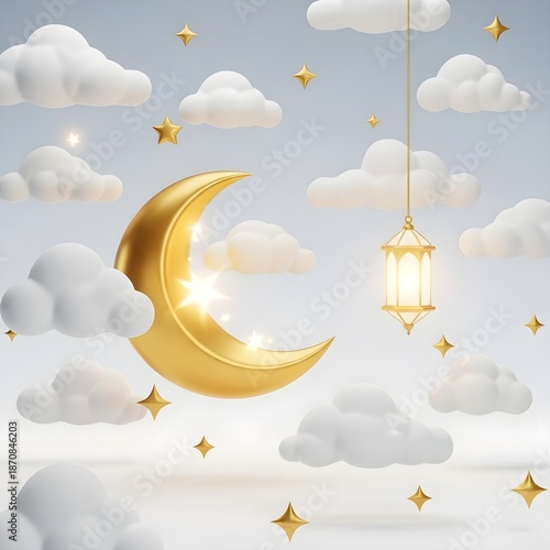 Golden crescent moon and hanging lantern in a sky with clouds and stars