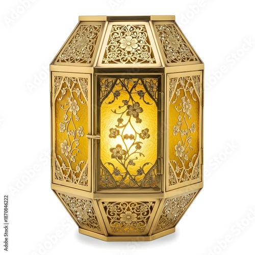 Ornate brass lantern with intricate floral carvings and glowing yellow light inside