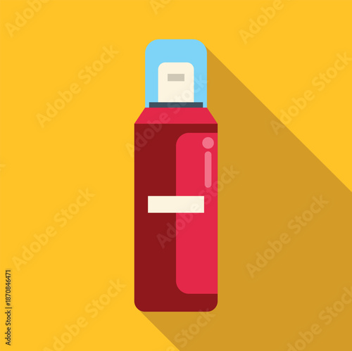 Red deodorant spray can bottle with a blue cap and flat design on a yellow background