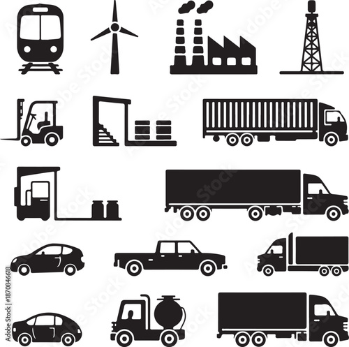 black and white icons of various industrial vehicles and machines on white background