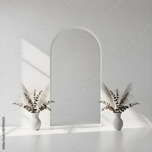 Two white vases with dried flowers in front of an arched mirror on a white surface