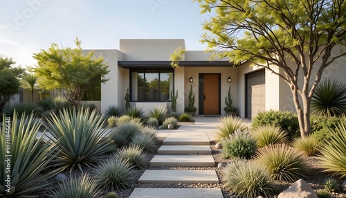 Contemporary desert home entrance with arid landscaping and a inviting stepping stone pathway. arizona front yard