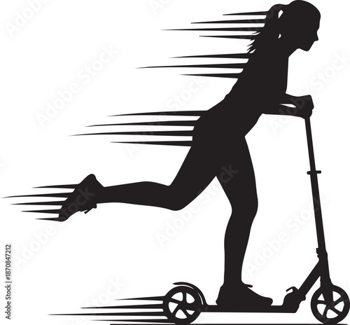 Silhouette of a Young Woman Riding a Kick Scooter Fast with Speed Motion Lines
