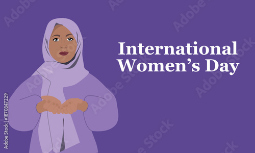 International Women's Day 2026 banner. Arab woman with open hands gesture. Give to gain. Vector illustration
