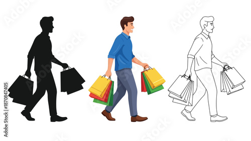 Happy customer walking away from retail store carrying numerous colorful shopping bags illustration
