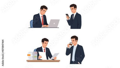 Businessman illustrated in four different daily activities including working on a laptop and checking a phone.