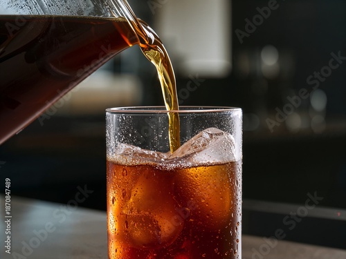 Cold amber iced coffee pours from a glass carafe into a tumbler with large ice cubes covered in condensation captured in a moody indoor setting with shallow depth of field lighting