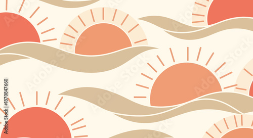 Abstract sunset sunrise pattern with flowing waves and radial lines in warm pastel tones suitable