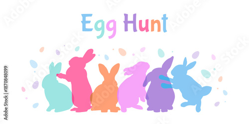 Colorful Easter vector illustration with cute bunny silhouettes and Egg Hunt lettering on white background. Perfect for kids posters, greeting cards, invitations, party decor and holiday designs.