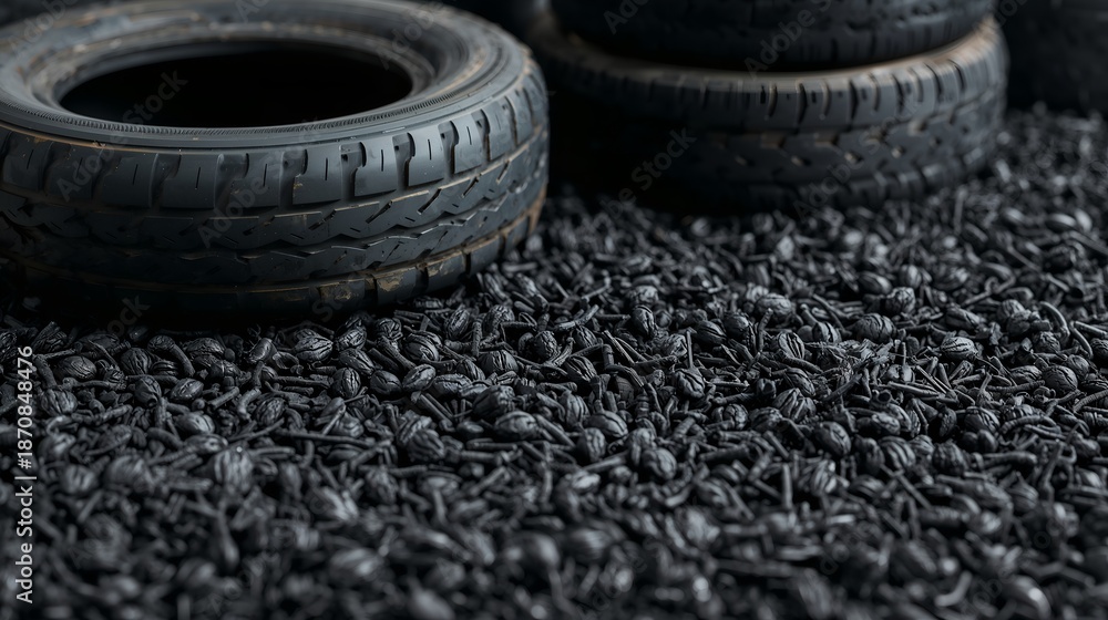 Obraz premium Rubber tires stacked on a bed of recycled tire granules, suggesting sustainable practices and industrial processes.
