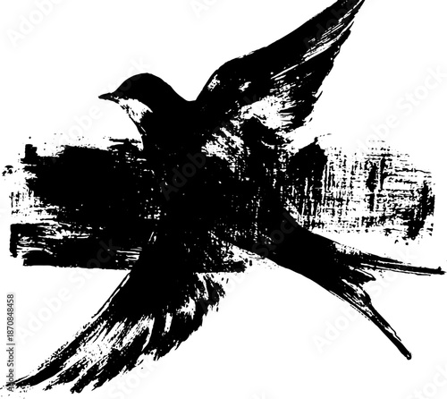 Bold black ink bird illustration with high contrast sumi-e painting style for artistic design