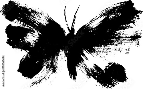 Bold black ink butterfly illustration in high contrast sumi-e painting style