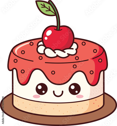 Cute kawaii cherry cheesecake vector illustration with smiling face and red dripping glaze for sweet dessert bakery branding.