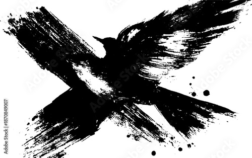 Bold black ink sumi-e bird painting with dynamic brushstrokes and high contrast for artistic design
