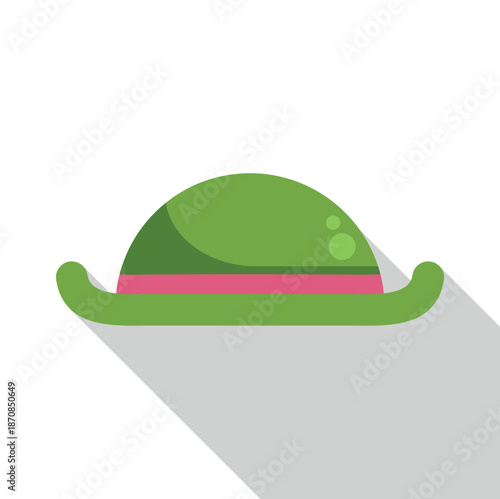 Green bowler hat with a pink ribbon showing a flat design style and long shadow